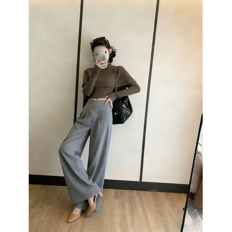 2025秋季时尚设计感复古风修身显瘦百搭时尚上衣休闲直筒长裤套装