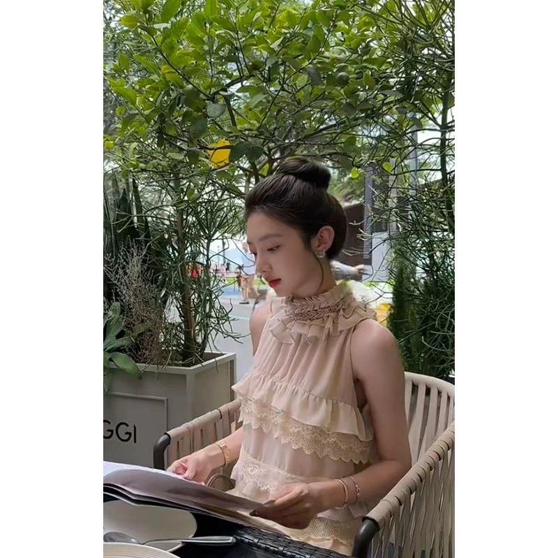 夏季新款休闲百搭2025气质辣妹纯欲设计感花边蛋糕无袖上衣收腰女