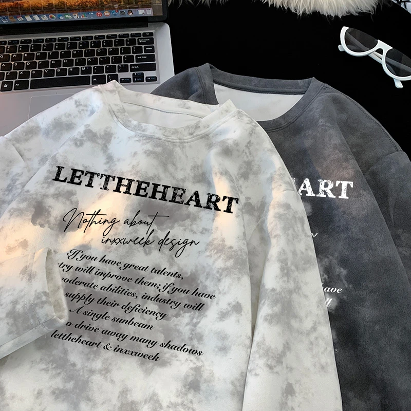 扎染长袖t恤男生穿搭秋冬服饰圆领卫衣冬季穿搭加绒保暖好物内搭