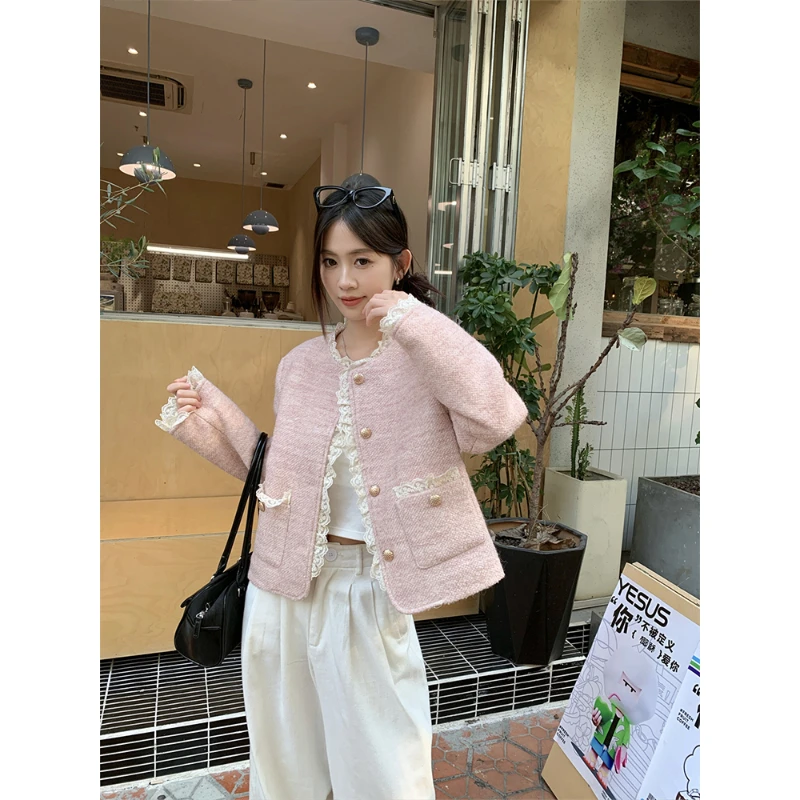 小香风蕾丝拼接粗花呢外套秋季加厚保暖气质上衣小个子短款开衫女