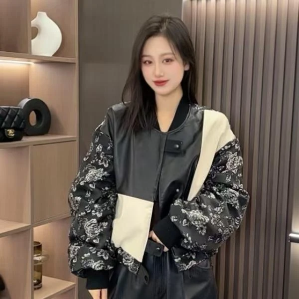 【薪多多推荐】春季上衣韩版拼接印花短款外套女-DUODUO-358A