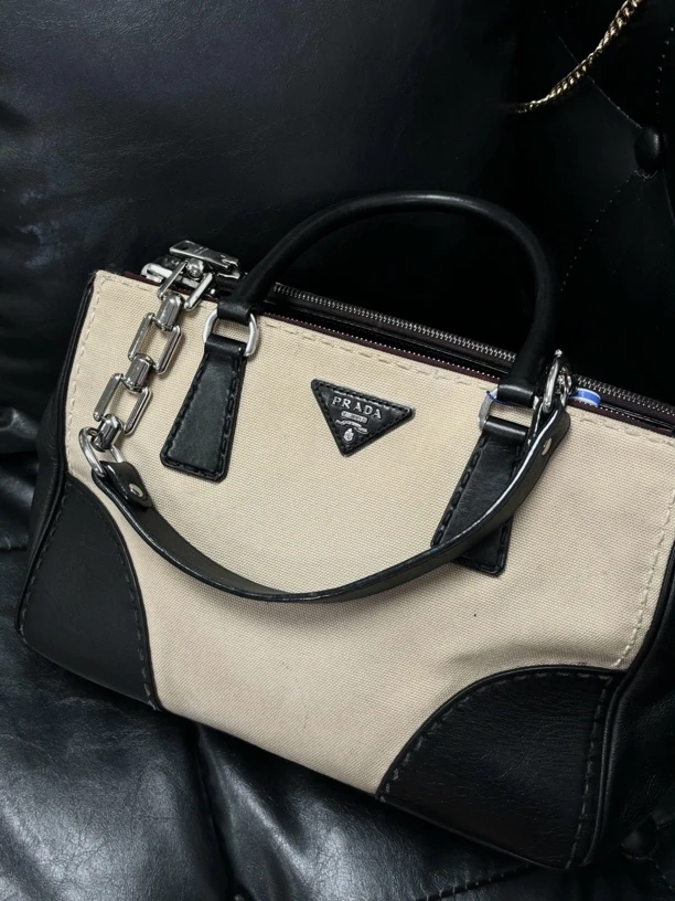 95新 Prada/普拉达 黑银杀手拼接单肩包 斜挎包/秋境 03825