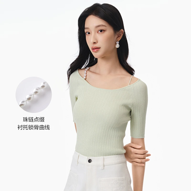 【千颂妮专享】DOUBLOVE珠光美人衫雪糕丝针织衫套头打底衫