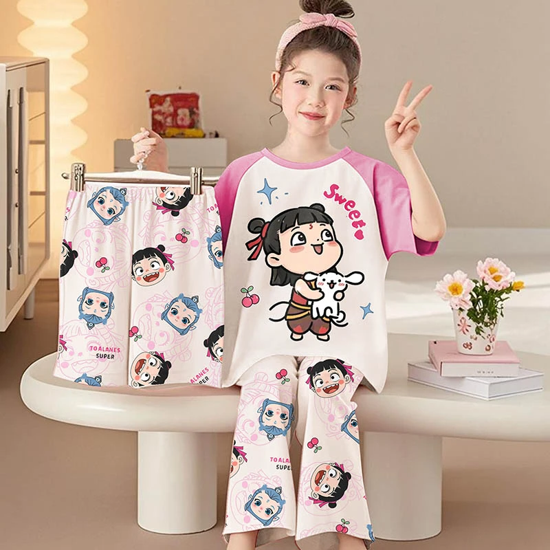 三件套女童睡衣哪吒2025新款夏季纯棉薄款短袖长裤儿童女孩家居服