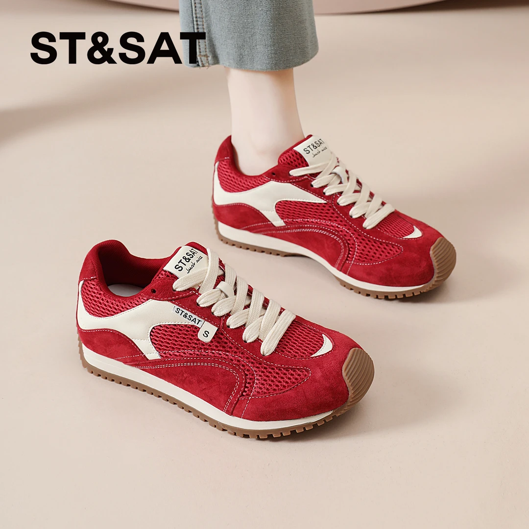 星期六红色德训鞋女士2025新款秋季小众阿甘鞋休闲透气网面女潮鞋