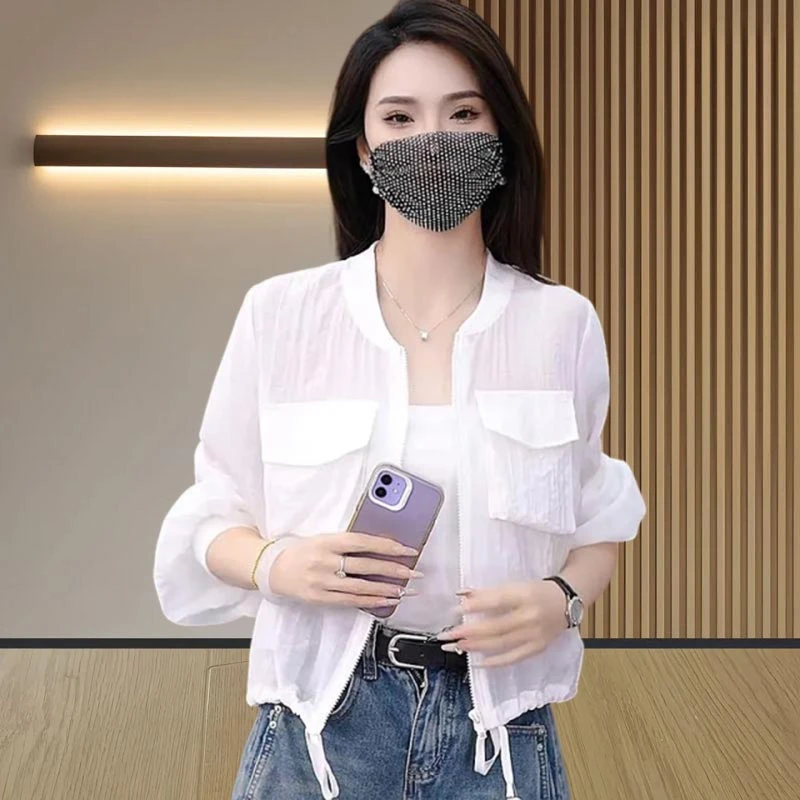 韩版长袖防晒衣女2025夏季薄款宽松休闲外套抽绳短款透气开衫上衣