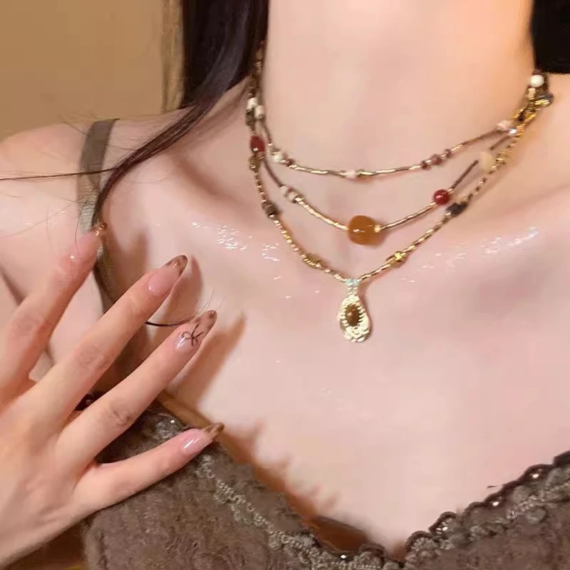 钛钢项链 复古美式虎眼石项链新款高级感毛衣链配饰轻奢小众颈链