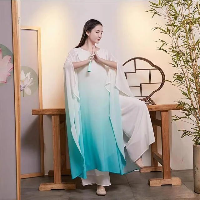 渐变蓝禅舞服裙复古仙气飘逸长裙古筝演出服宽松茶服国风国潮中式