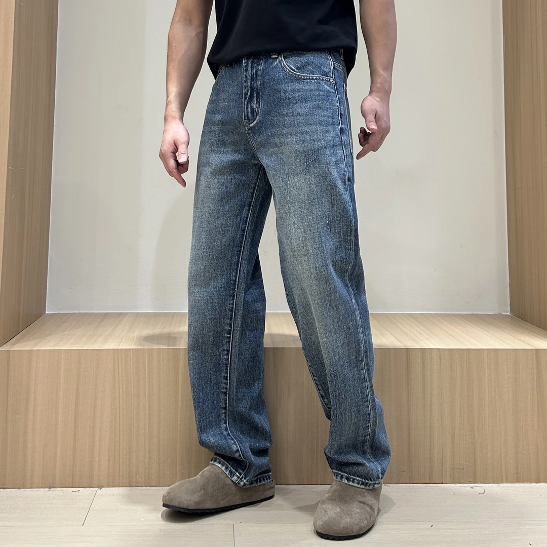 手擦无弹水洗拉链复古港风牛仔裤秋季直筒裤百搭男士显瘦长裤