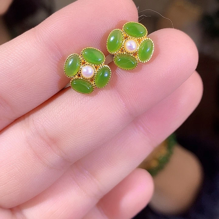 吊坠(不含链)银S925镶嵌和田玉（碧玉）耳饰