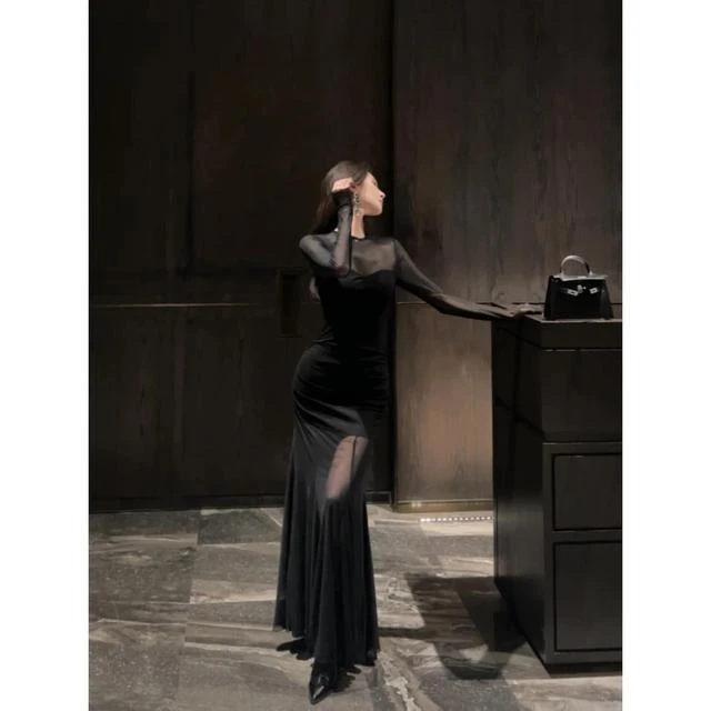 法式御姐风黑色网纱长袖连衣裙女秋冬款优雅气质收腰显瘦包臀长裙