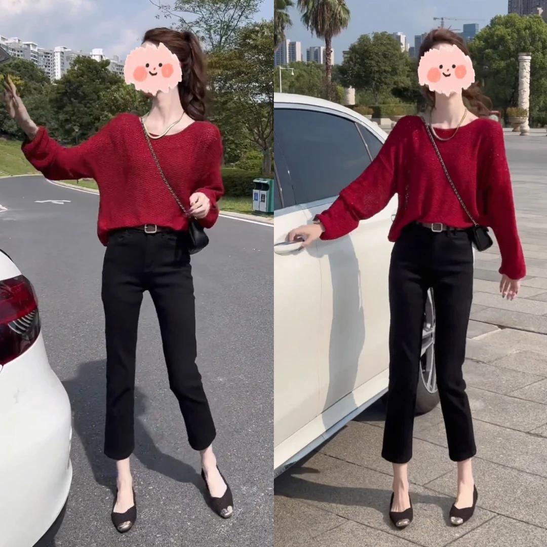 秋季套装女款爆款2025新款宽松针织衫修身牛仔裤小个子秋款女装