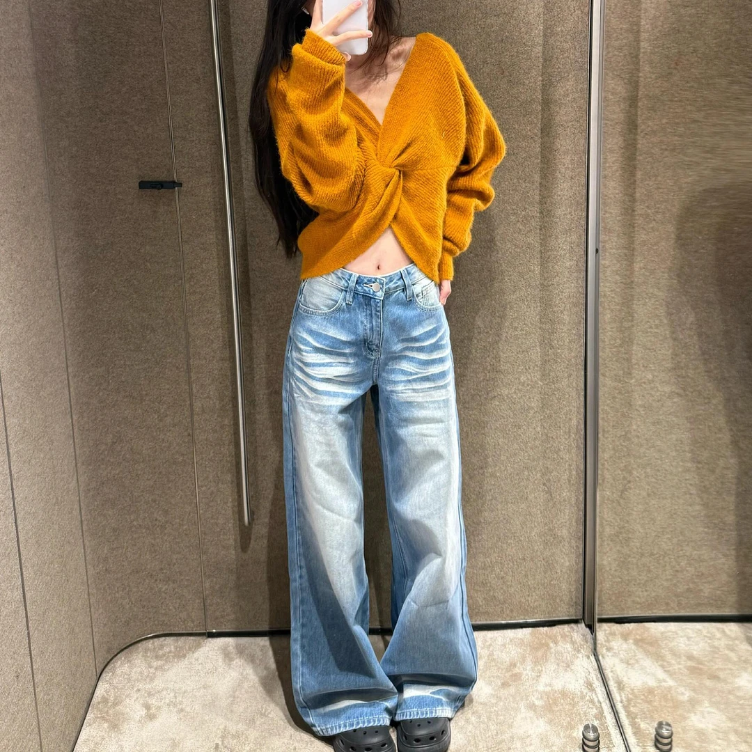 微胖mm设计感蓝色百搭牛仔裤女冬季新款松弛感休闲显瘦拖地直筒裤