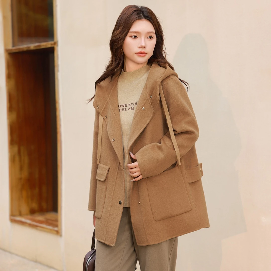 【流光风100绵羊毛双面毛呢】MsShe大码女装连帽大衣外套S~M2410082