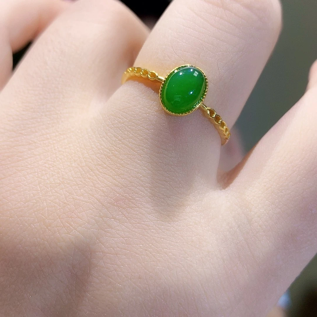 和田玉（碧玉）戒指银S925镀金镶嵌