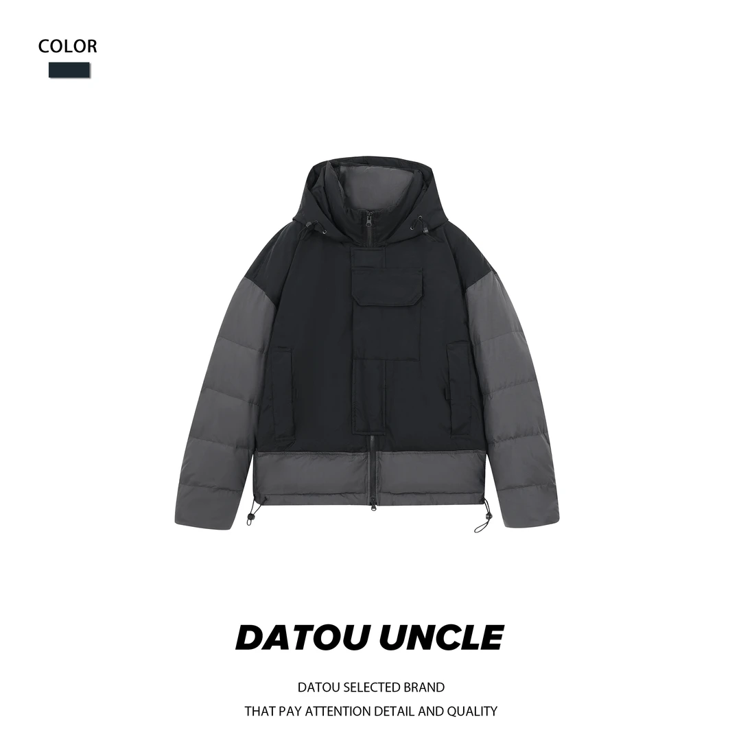 【大头叔叔·日系工装】冬季高充绒拼接小众设计连帽白鸭羽绒服