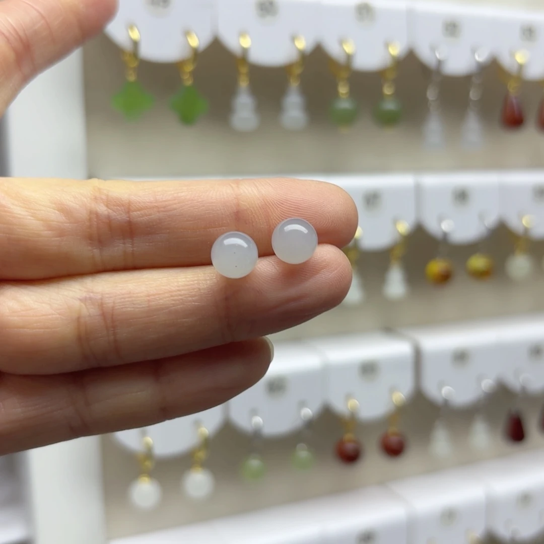 银S925镶嵌和田玉耳饰8m m