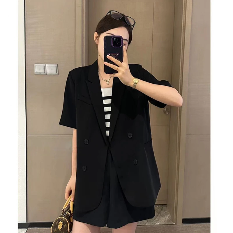 夏季冰凉感短袖西装套装女显瘦气质小个子韩版小西服黑色两件套