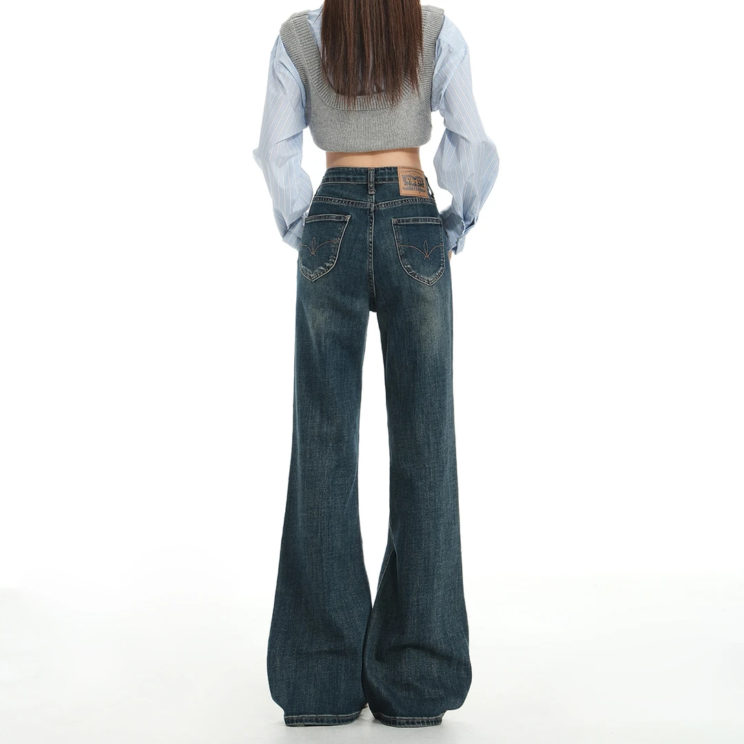 复古蓝不贴腿微喇牛仔裤女2025秋季新款垂感百搭显瘦拖地喇叭裤子