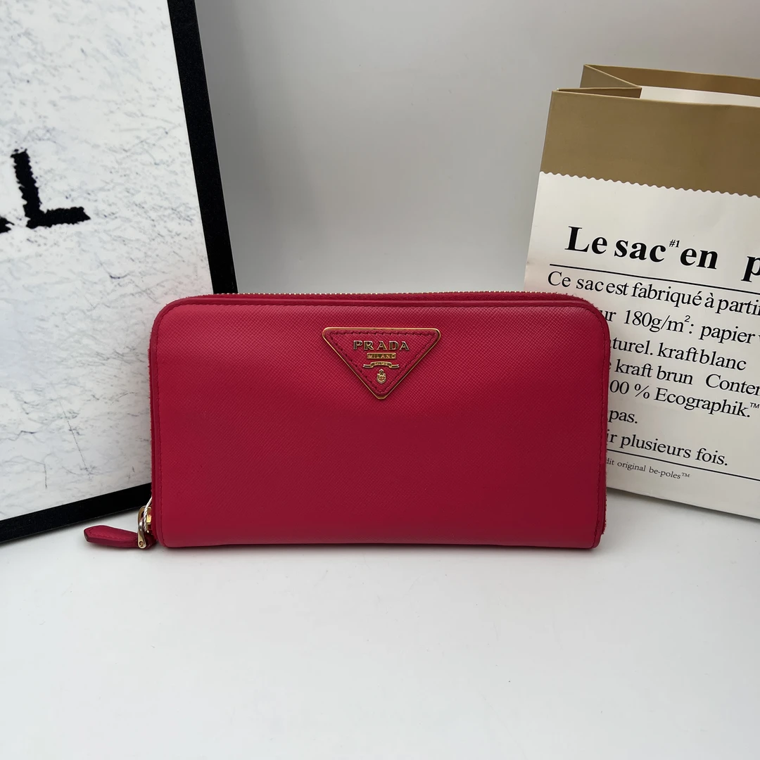 95新 Prada/普拉达 8327/桃粉拉链长款钱包