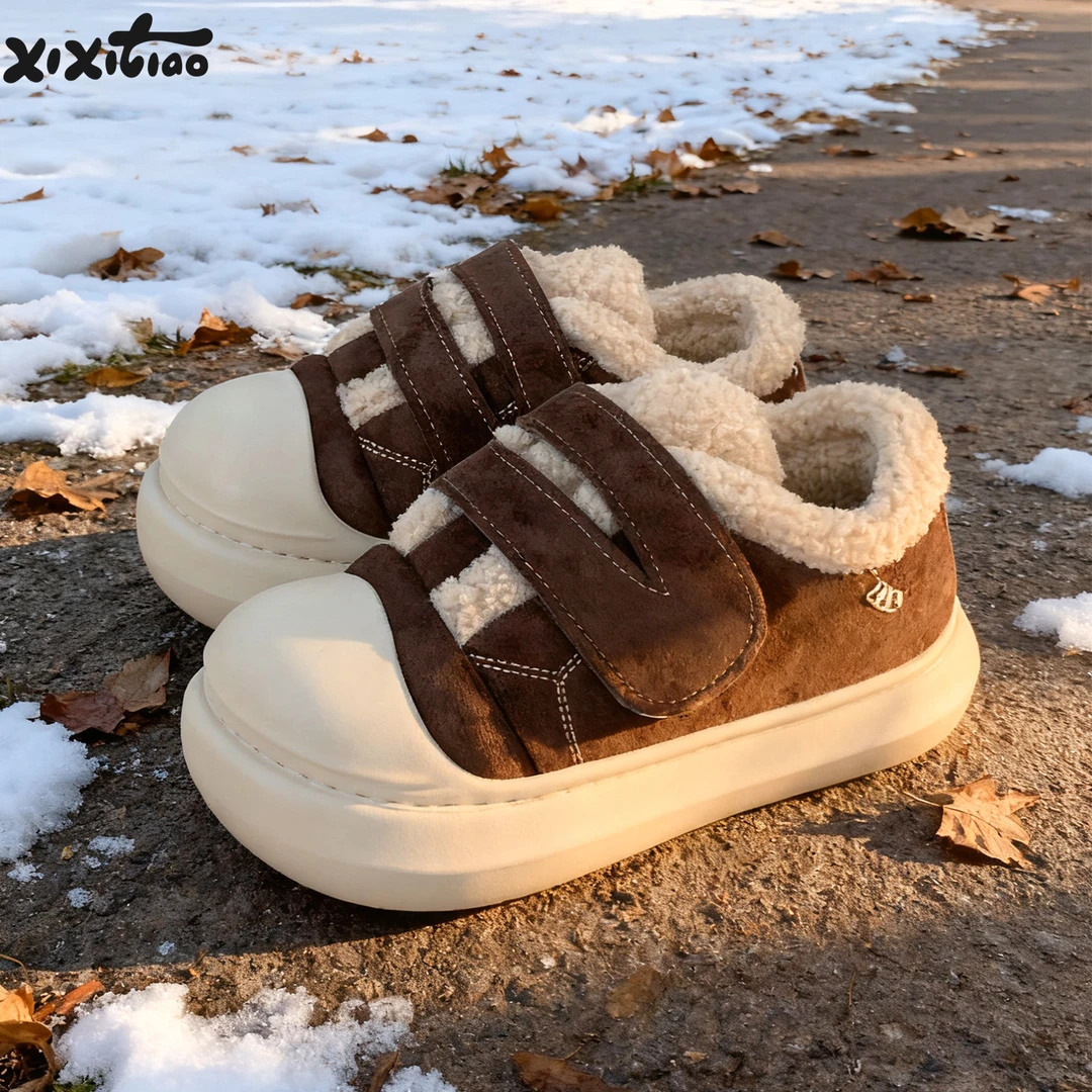 细细条 运动板鞋女ins冬季百搭防滑厚底保暖时尚魔术贴毛毛鞋棉鞋