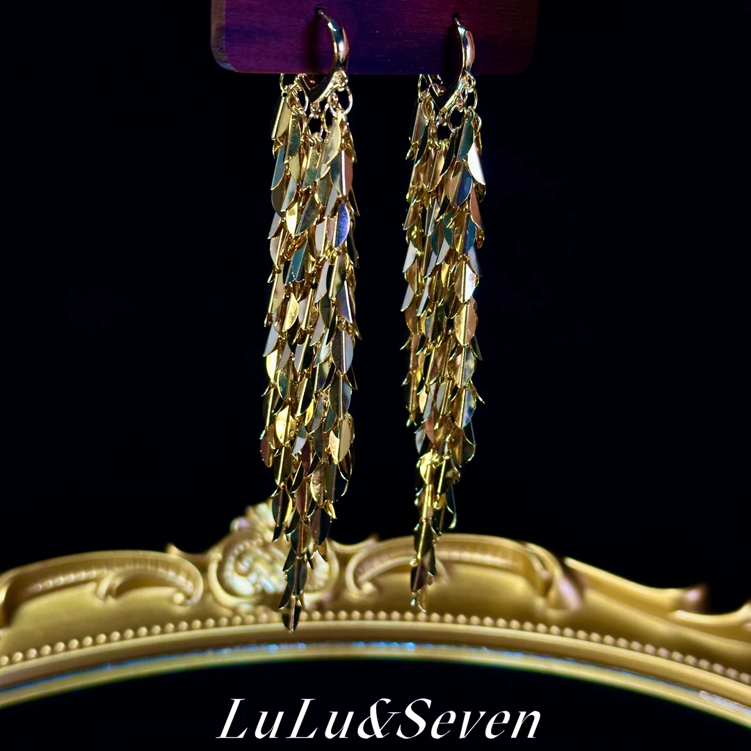 黄铜耳饰 复古金属树叶流苏欧美气质小众耳环高级7332