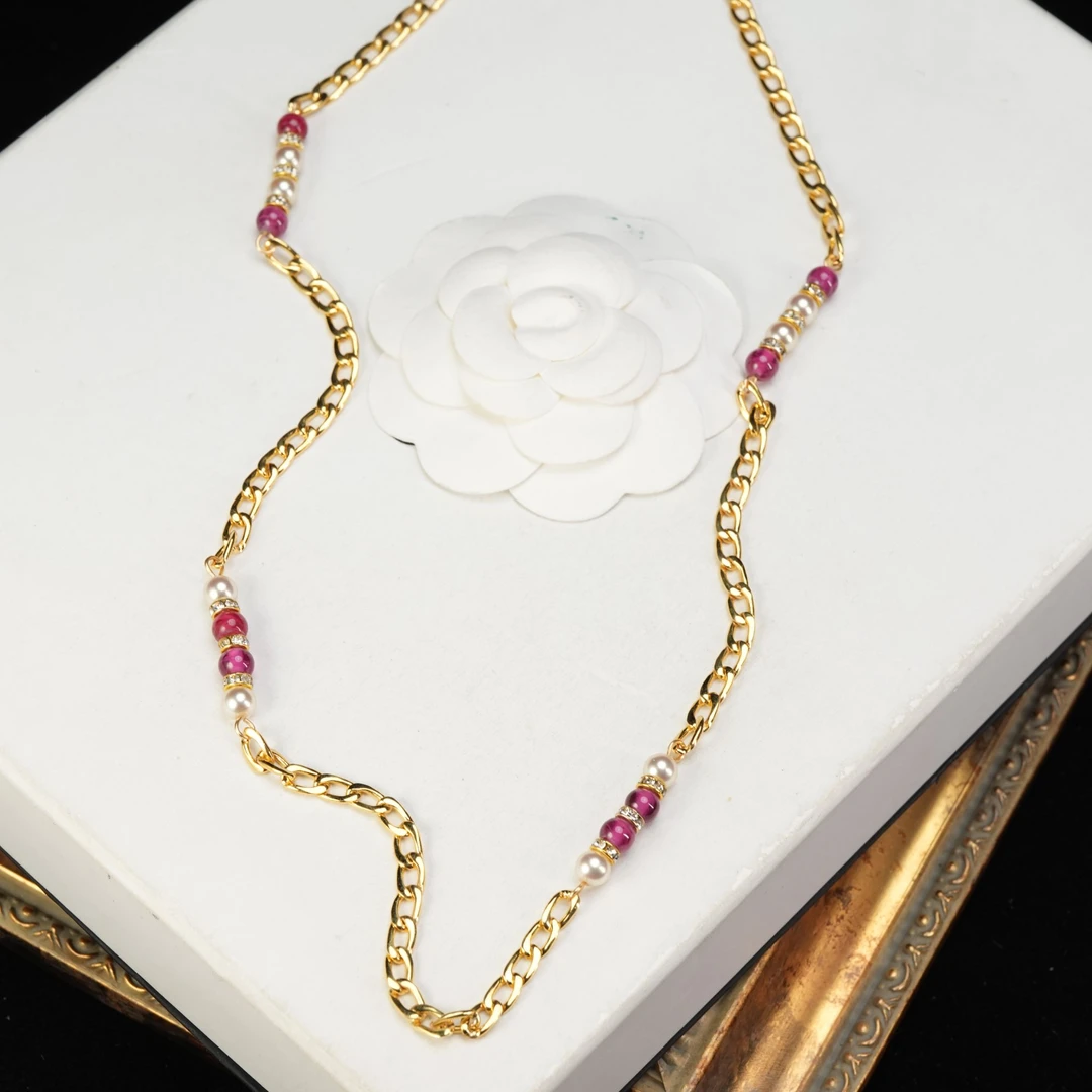 95新 DIOR/迪奥 柚礼中古/迪奥素金红琉璃珍珠项链lz509203