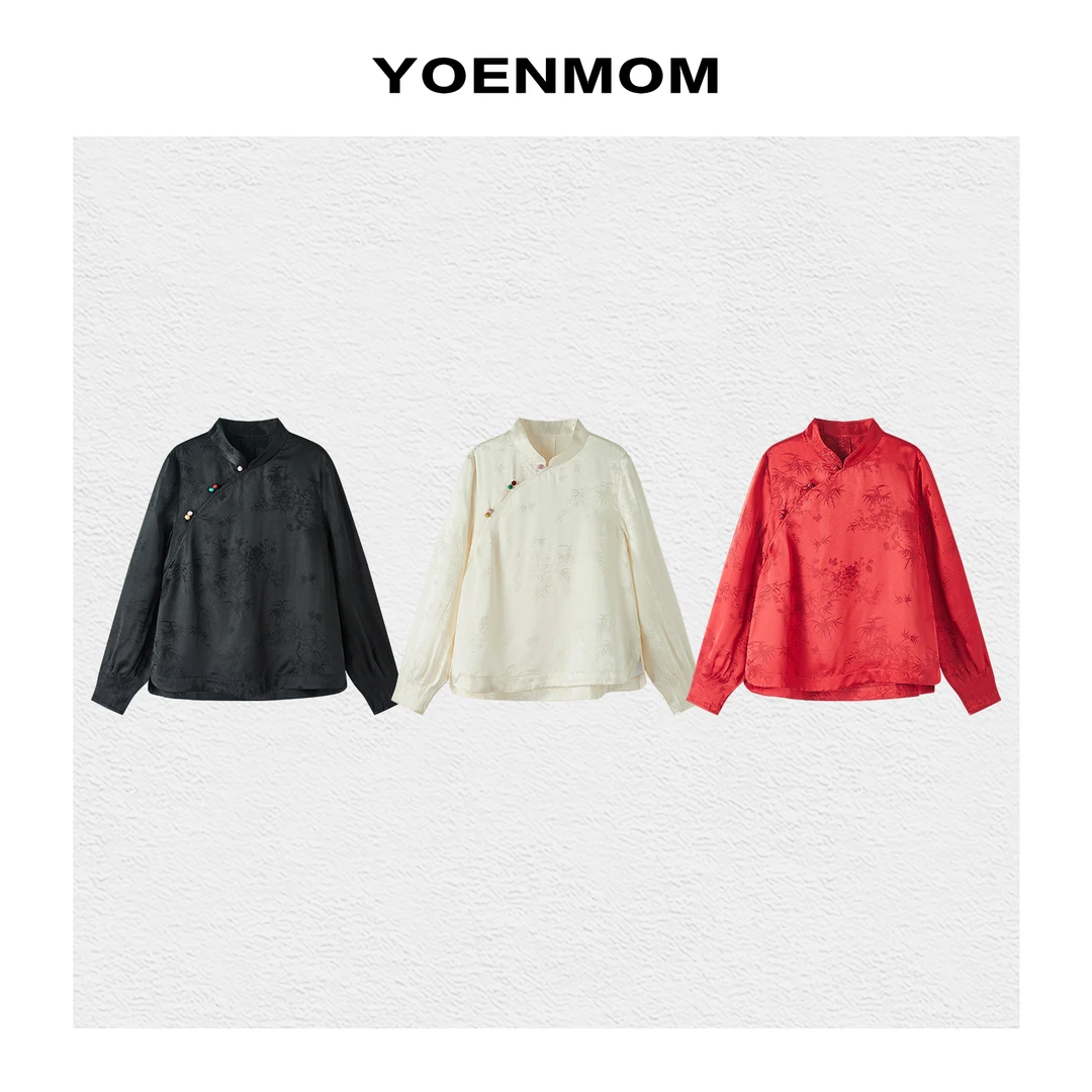 YOENMOM·一片秋香2025早春新品 蚕丝缎面提花彩扣新中式立领衬衫