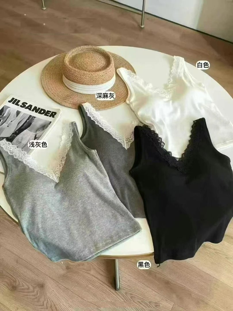 新款女修身通勤内搭修身型极简风蕾丝拼接V领吊带背心美背打底