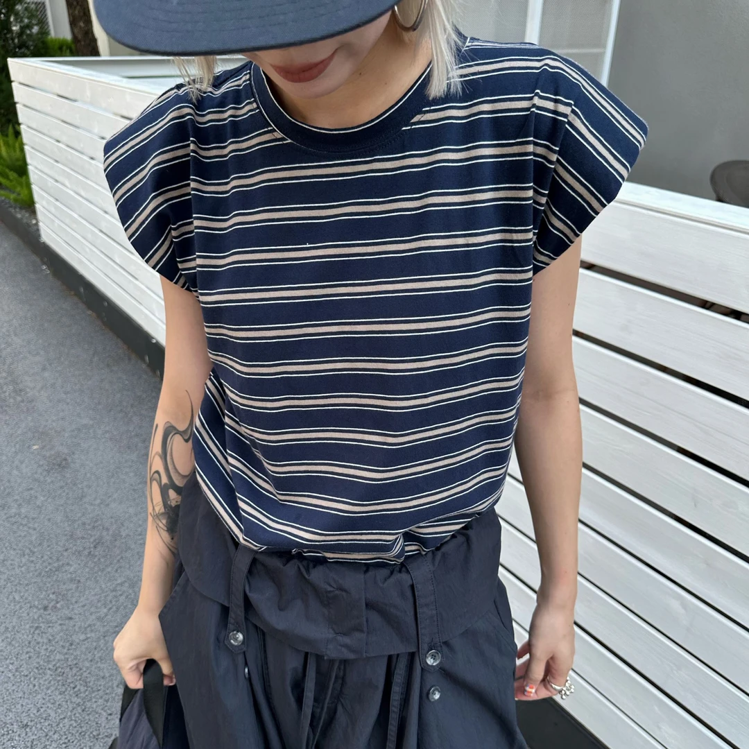 HELLOTANGO《盛夏八音盒》夏季撞色减龄复古条纹坎肩垫肩T恤85626#