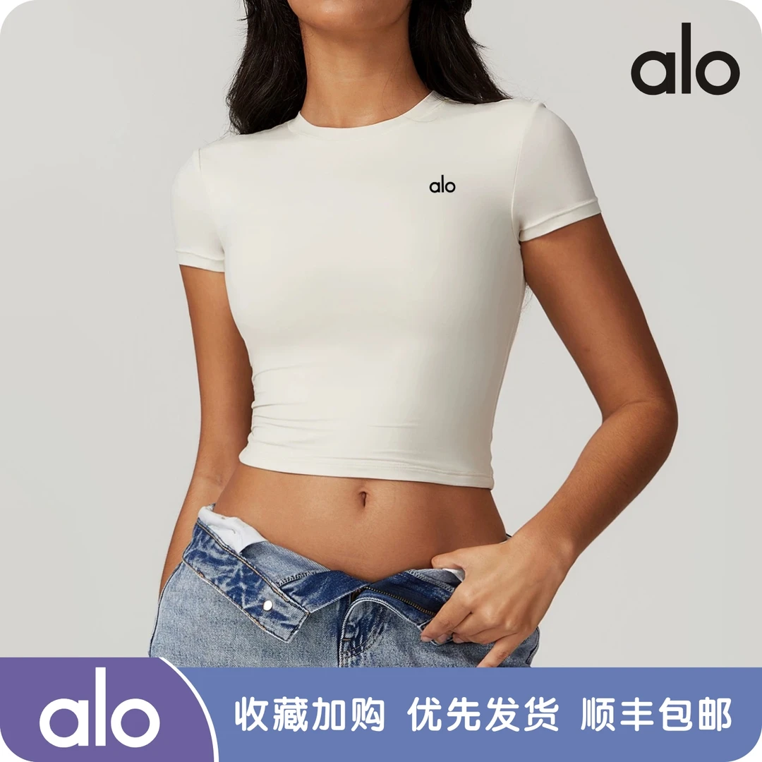 ALO yoga瑜伽服女普拉提健身训练短袖紧身T恤速干跑步运动上衣夏