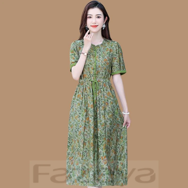 彩羊中老年女夏装云锦缎连衣裙宽松遮肚子显瘦女妈妈装