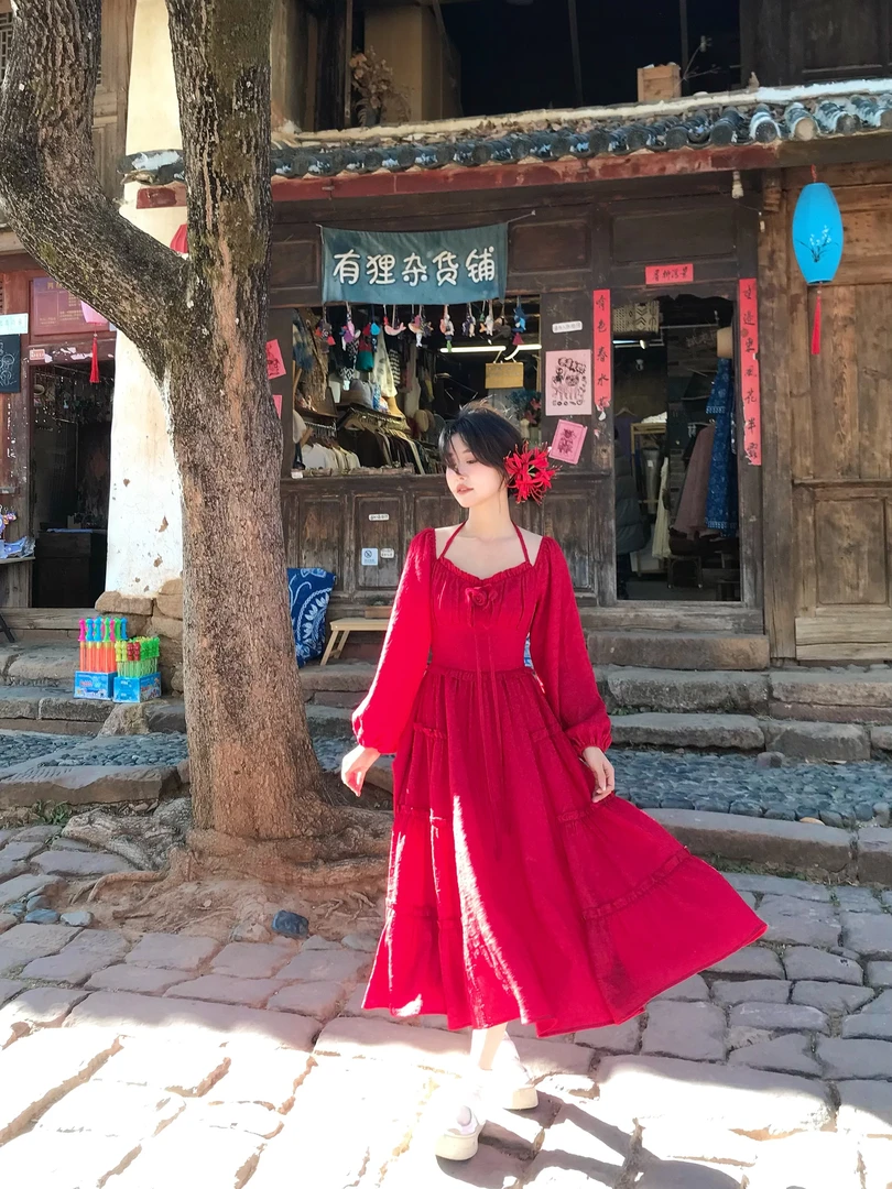 安安崽小个子穿搭【红玫瑰之恋】松紧腰长袖连衣裙女早春复古红色