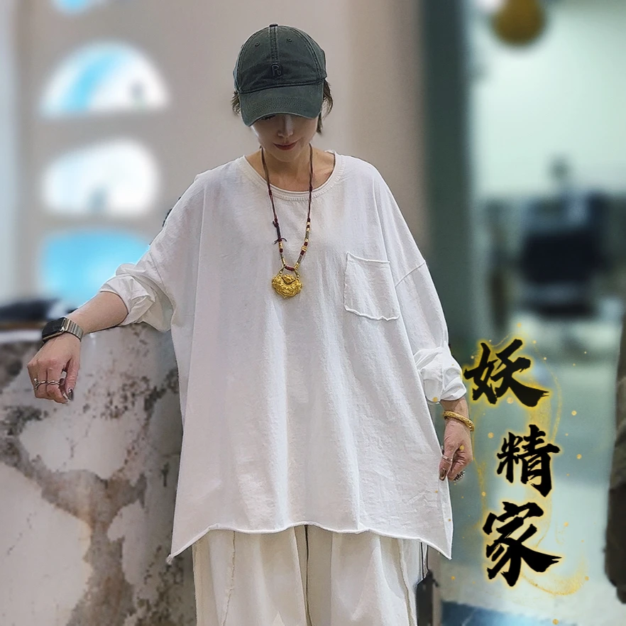 6802【妖精家】秋上新百搭休闲风口袋磨边破洞长袖T恤
