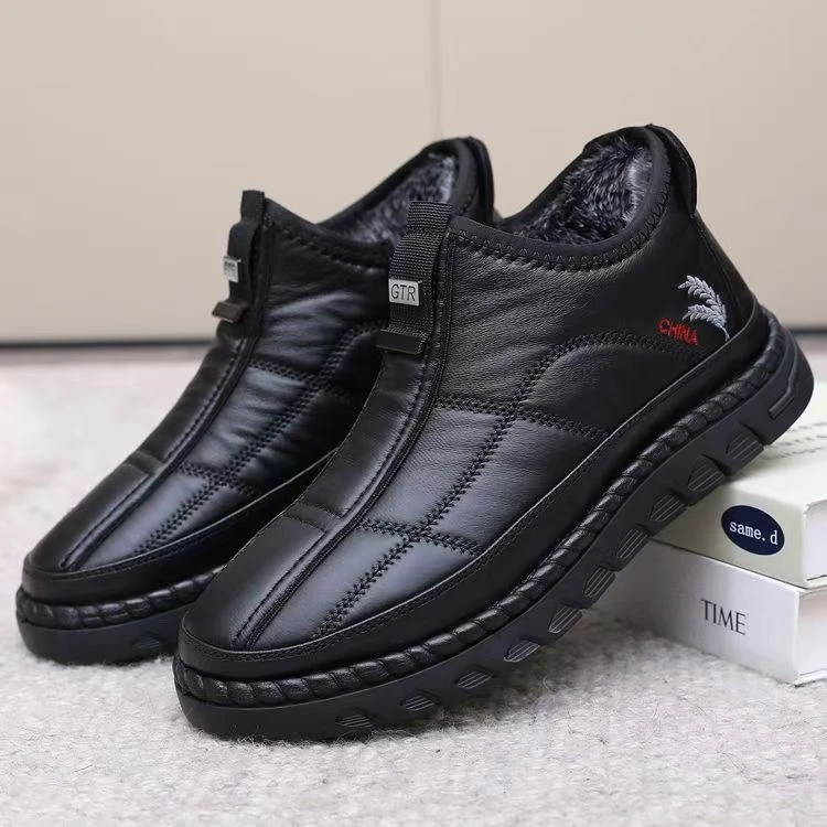 时尚老北京布鞋加绒加厚男棉靴高帮拉链防滑中老年人防水男士棉鞋