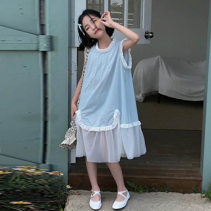 女童夏季新款纯色连衣裙中大女童夏季韩版洋气甜美木耳边连衣裙