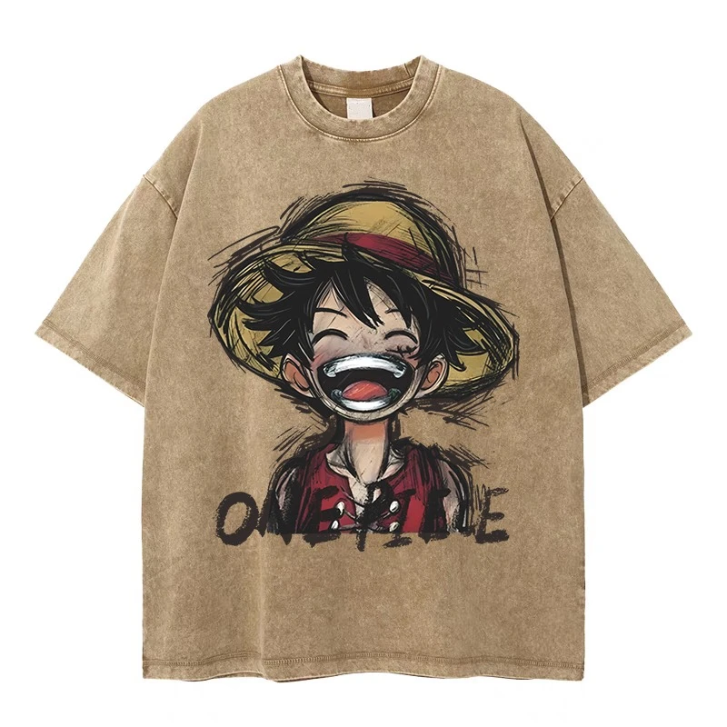 WONST路飞做旧手绘短袖T恤男夏季新款潮牌宽松打底衫t恤街头男装