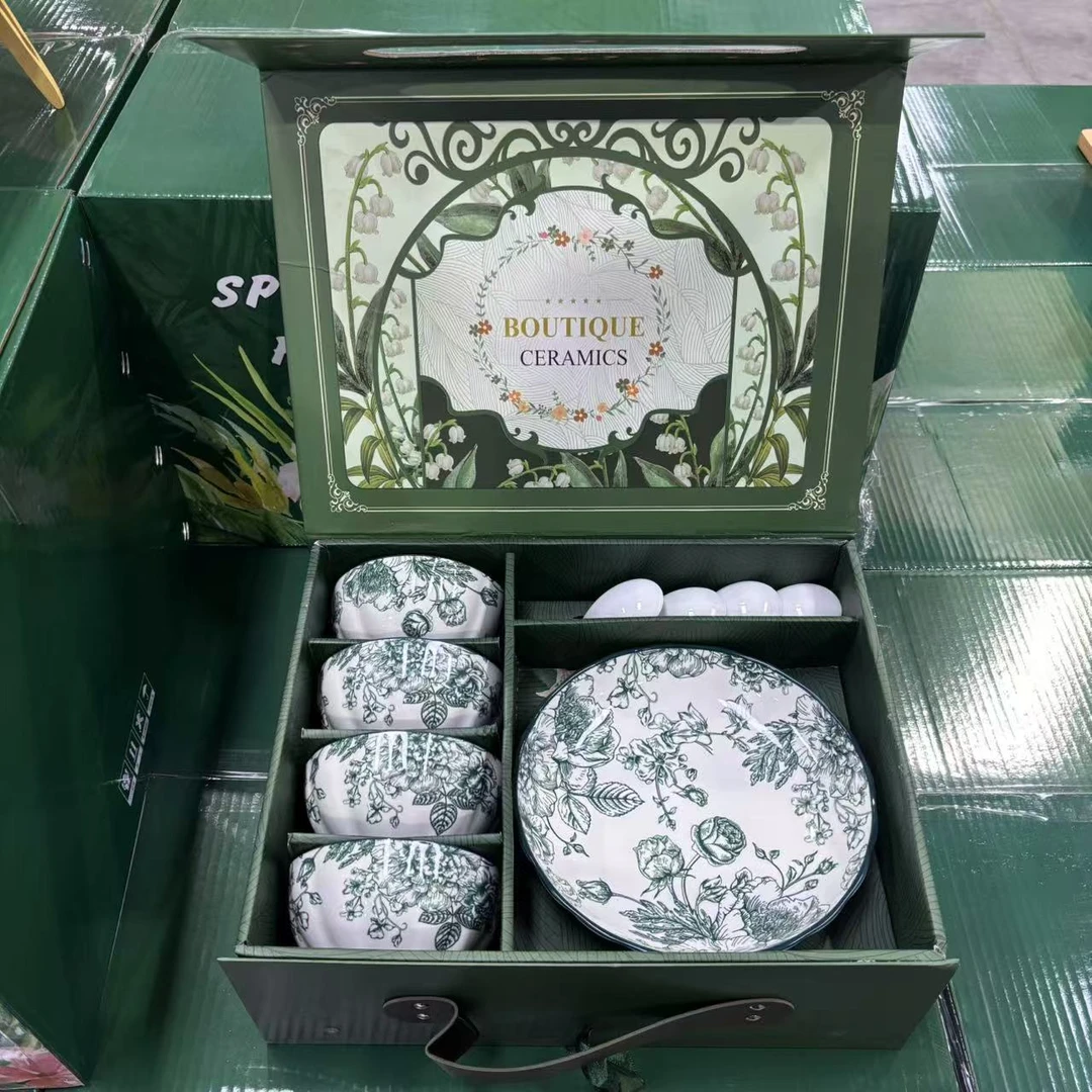 陶瓷碗釉下彩绿玫瑰皇后高档餐具套装乔迁商务礼品碗xx