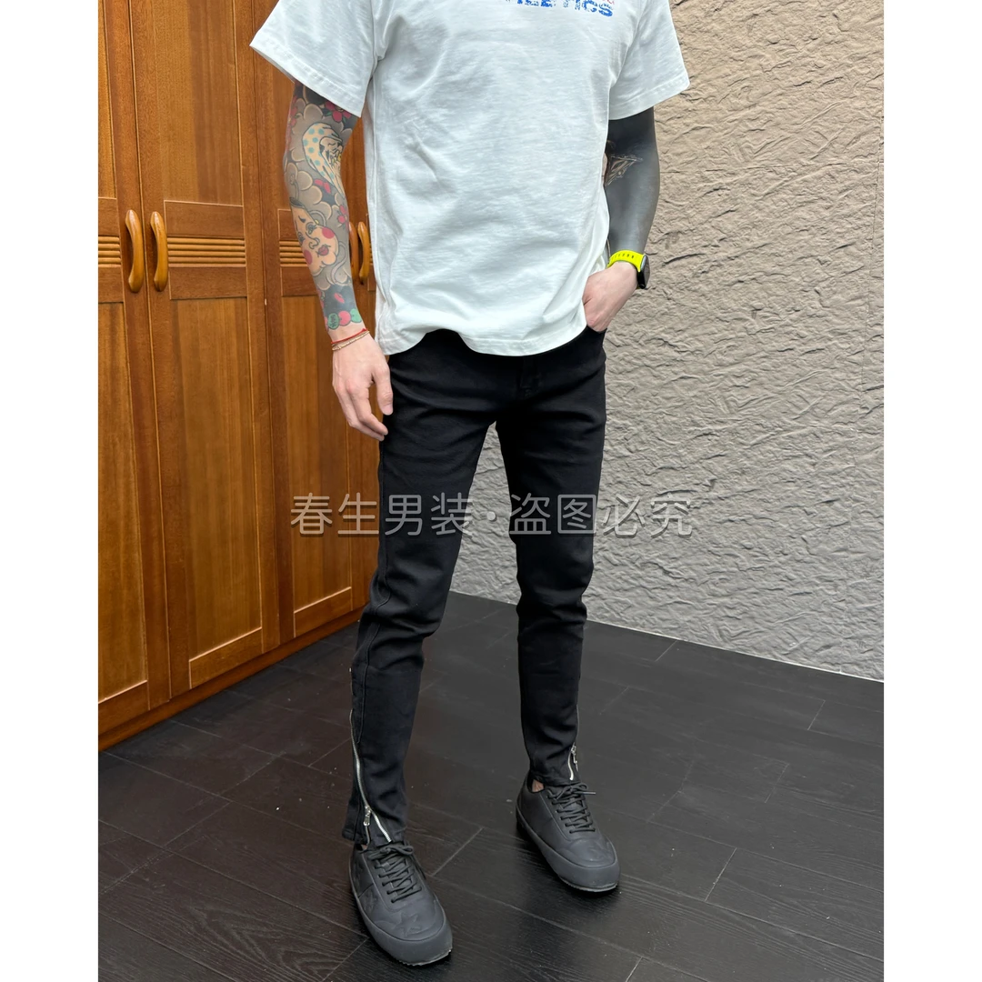 2025秋冬新款时尚休闲百搭净版拉链黑色男士修身小脚牛仔裤Z07