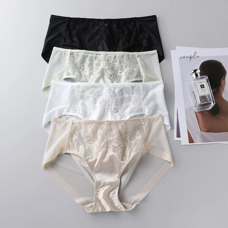 高档缎面真丝女士中腰三角裤 透气网纱包臀 性感蕾丝桑蚕丝内裤