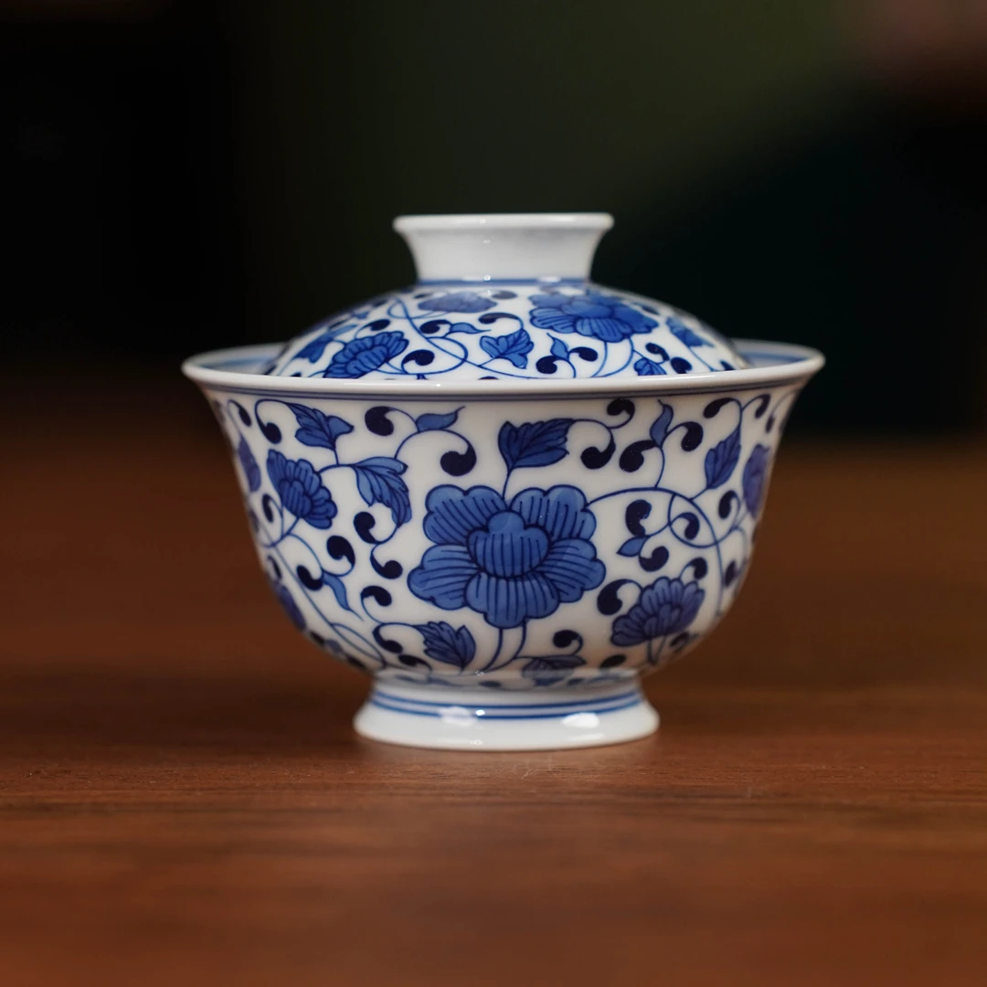 【中国工艺】清玉堂手绘青花缠枝盖碗（jd644）