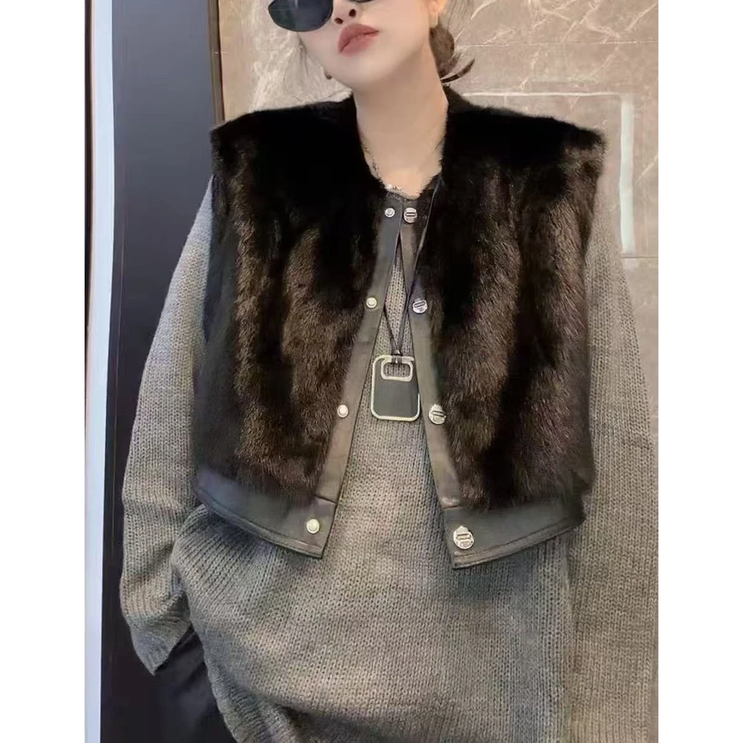 2025欧货爆款百搭气质短款毛毛拼皮马甲