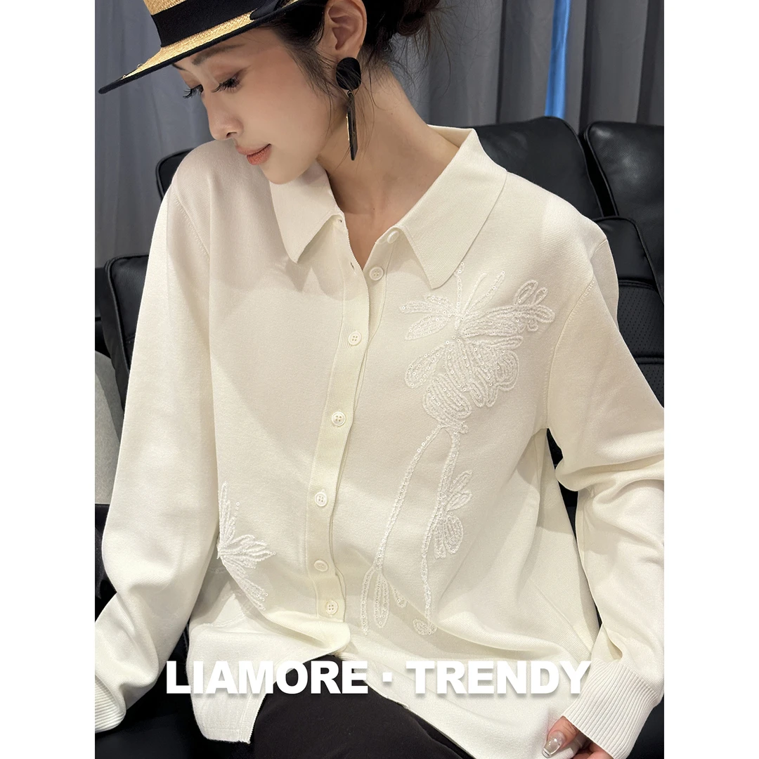 25新款POLO翻领针织开衫羊毛混纺重工浮雕刺绣宽松慵懒中长款毛衣