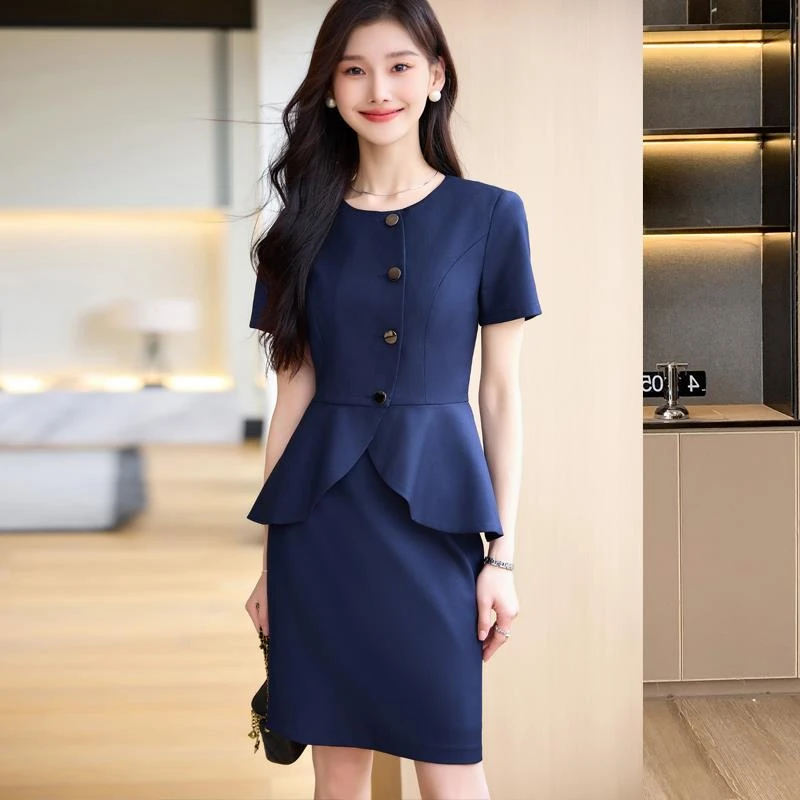 高端正装客服短袖夏季工作女裙套装洋气小个子名媛女神范气质套装