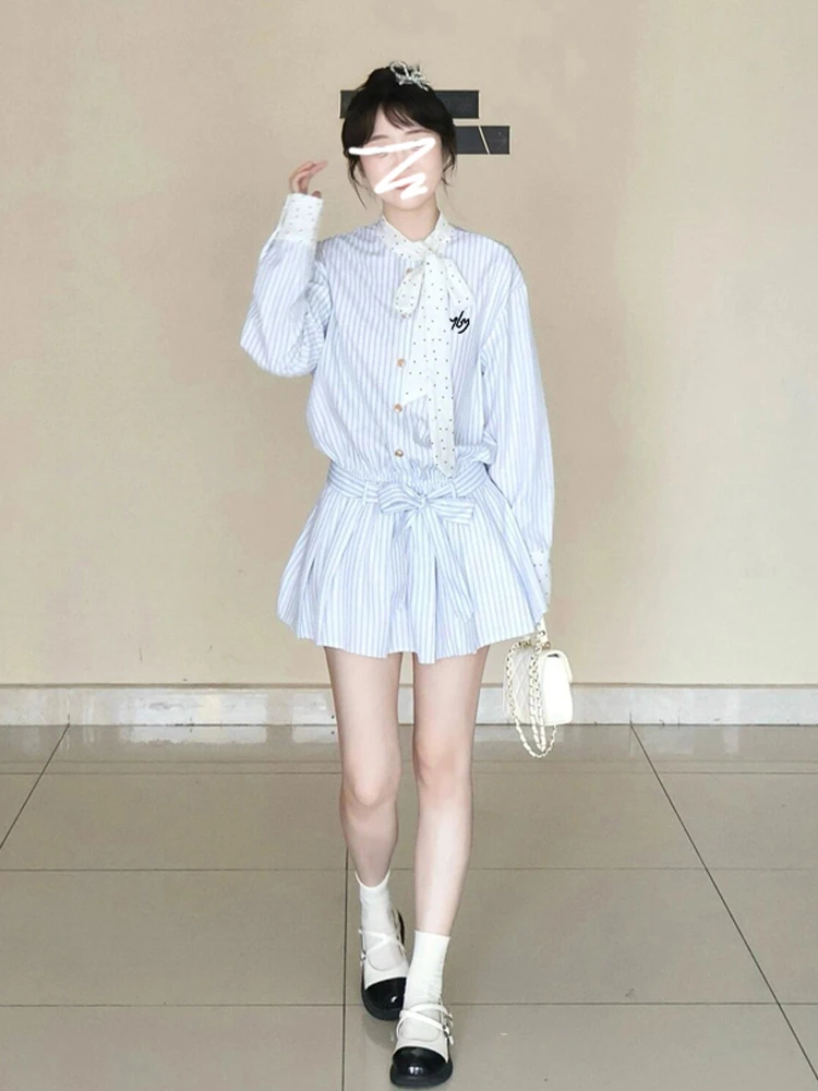 气质学院风蝴蝶结条纹衬衫连衣裙子女秋冬2025新款小个子韩系穿搭