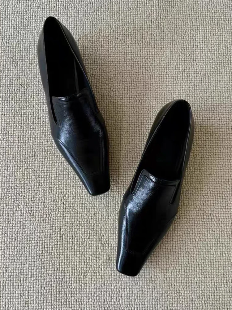 香港牛皮版真皮断码清仓法式复古一脚蹬小方头时尚单鞋女黑色通勤