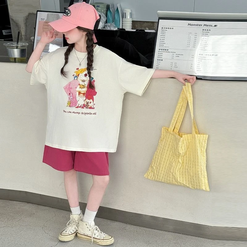 女童套装2025新款洋气卡通短袖女孩中大童休闲短裤两件套CSC2207