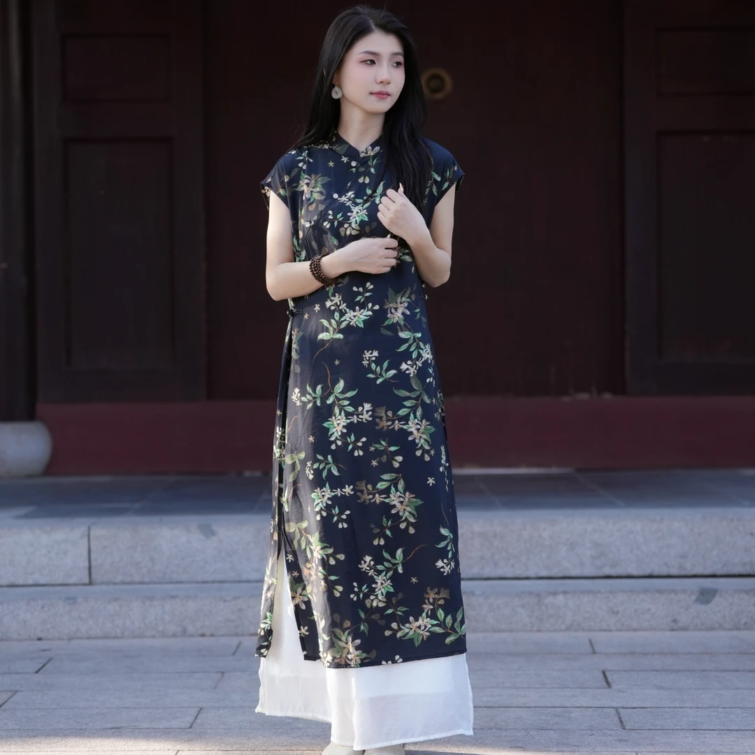 青衫原创【黑竹】夏季新中式印花连衣裙蓝色提花双层连衣裙