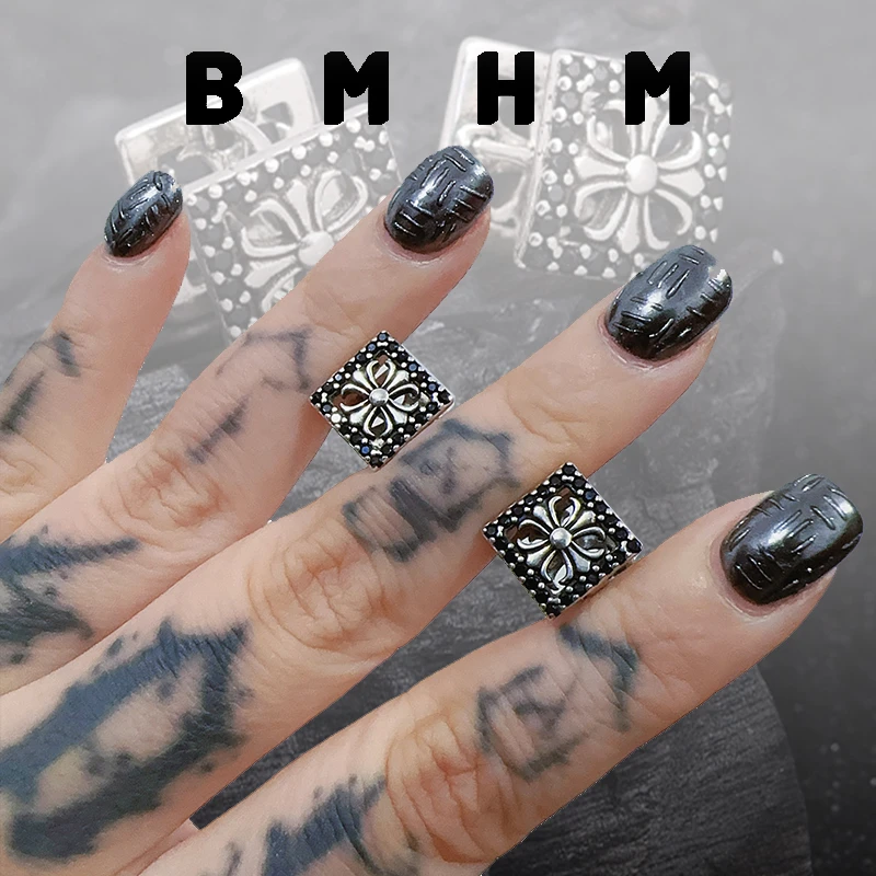 BMHM 铜合金锆石耳饰 925银针小众设计感十字架黑色耳环耳扣耳钉