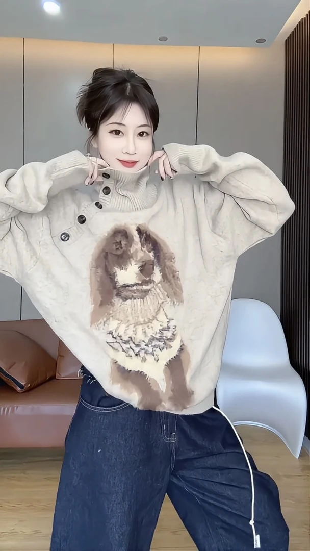 美式复古小狗印花高领毛衣女欧洲站秋季慵懒风宽松针织衫上衣